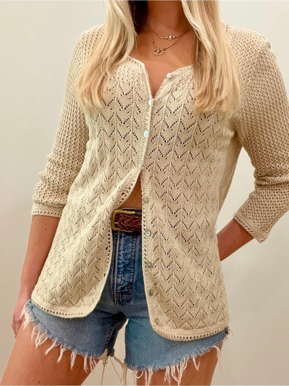 Vintage 90’s Crochet Pointelle L.L. Bean Cardigan Top in Cream